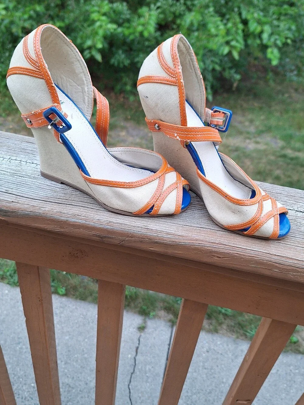 Wedge Peep-Toe Sandals in Beige and Orange